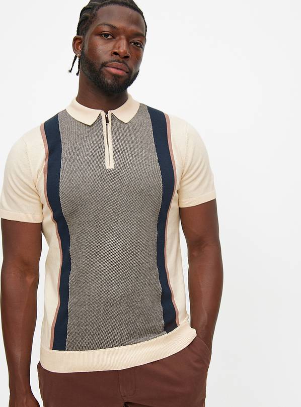 Stone & Navy Vertical Stripe Knitted Polo Shirt XXXL